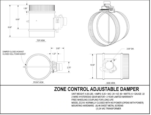 Fully Adjustable Motorized Air Vent Damper Airflow Control Zone Damper ETL 24VAC/20VA Vent Damper 12''